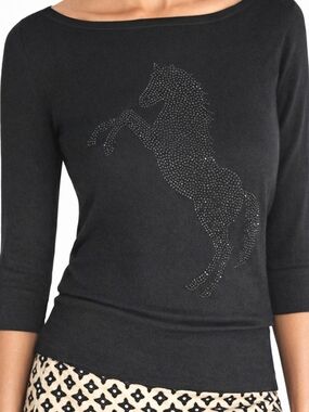 White House Black Market Black Crystal Horse Sweater | Jewel Neck | XS / SMALL